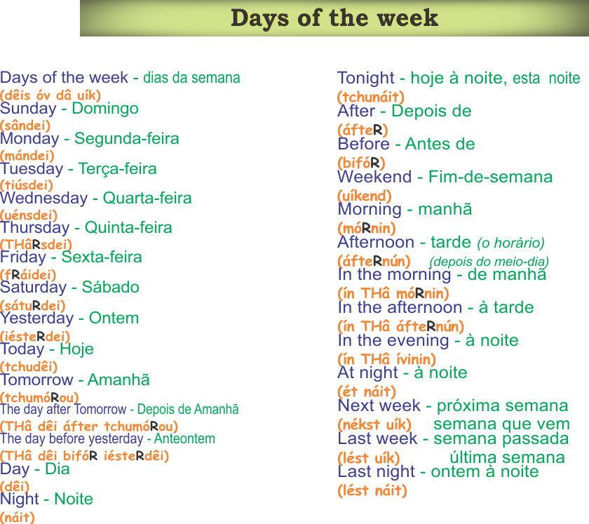 days of the week vocab
